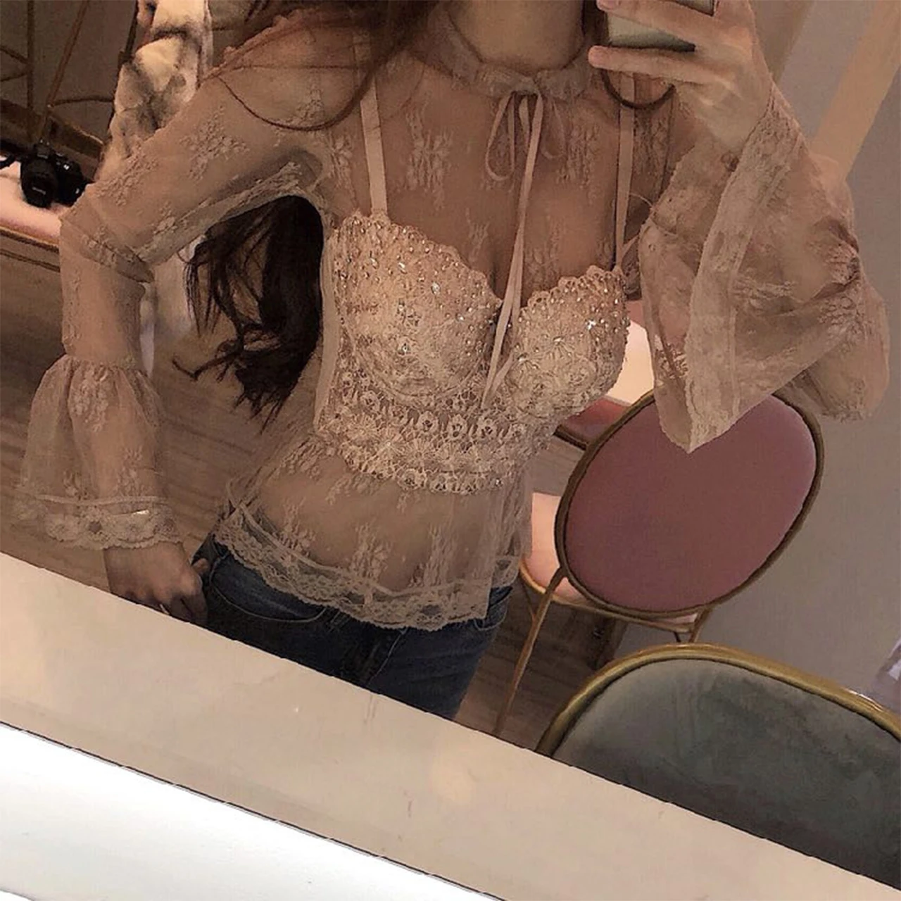 Irene Tinnie Nude Mesh Lace Bead Bustier Pearls Diamond Push Up Night Club Bralette Womens Bra Cropped Top Vest Corset