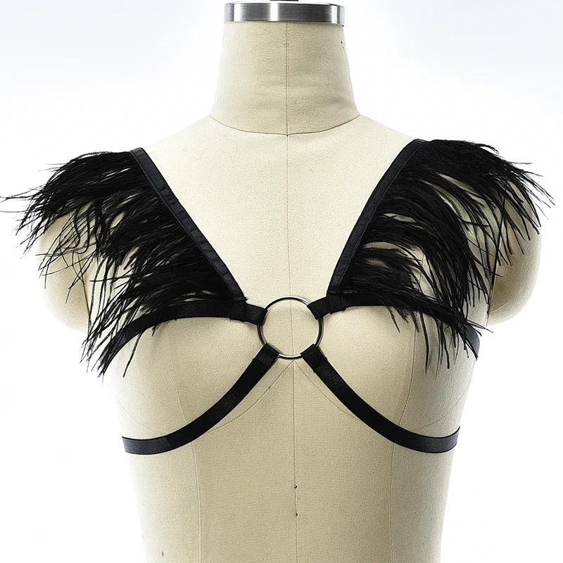 

Women Black Feather Wing O-Ring Harness Bra Crop Top Cage Bra Hollow Lingerie Pastel Goth Exotic Body Harness Belt