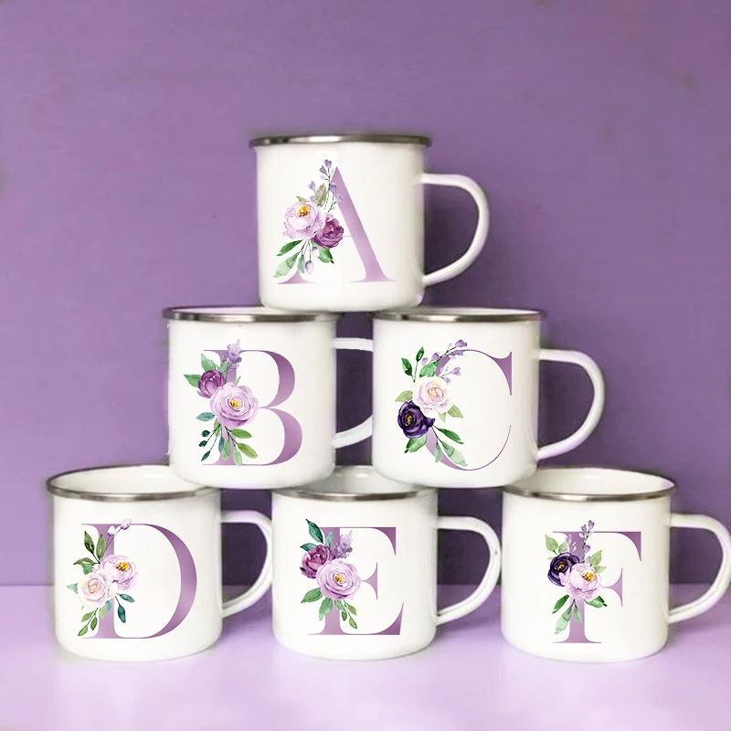 

Letter Flower Print Mugs Creative Coffee Water Cups Drinks Milk Water Cup Enamel Mug Handle Drinkware Wedding Housewarming Gifts