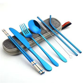 Tableware Reusable Camp Utensils Set with stainless steel 8Pcs/set Spoon Fork Chopsticks Straw Portable case Travel Cutlery Set