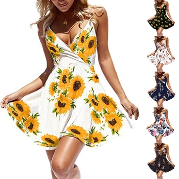 Women's Dress Summer V-Neck Mini Print Dress Sleeveless Thin Straps Skate Skirt Belt Dress 
Women's Dress Summer V-Neck Mini Print Dress Sleeveless Thin Straps Skate Skirt Belt Dress