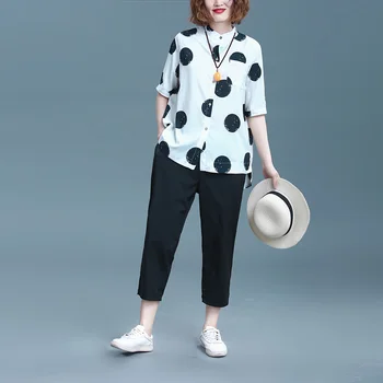 casual cotton linen two pieces women set polka dot blouse and wide leg pant office lady loose pant suits top quality 
casual cotton linen two pieces women set polka dot blouse and wide leg pant office lady loose pant suits top quality