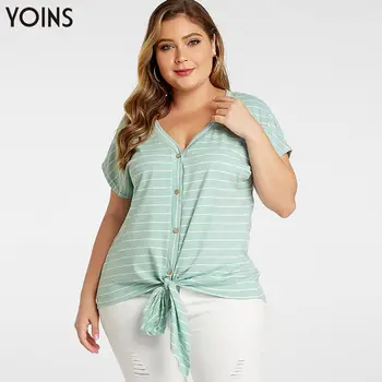 

YOINS Elegant Stripe V-Neck Tie-up Short Sleeve Blouse 2020 Women Summer Casual Tops Button Front Plus Size For Ladies Blusas