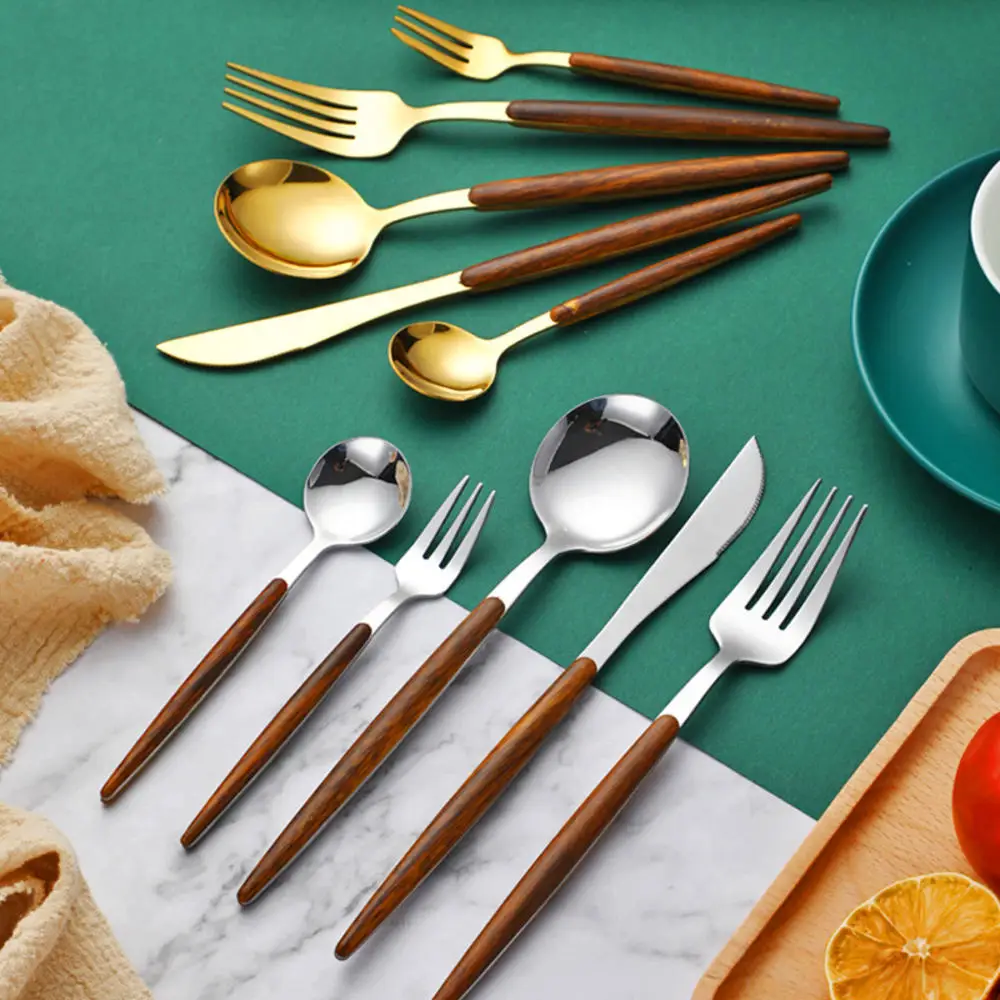 1Pc Stainless Steel Dinner Gold Silver Dinnerware Set Wood Handle Knife Fork Spoon Cutlery Kitchen Tableware Tools | Дом и сад
