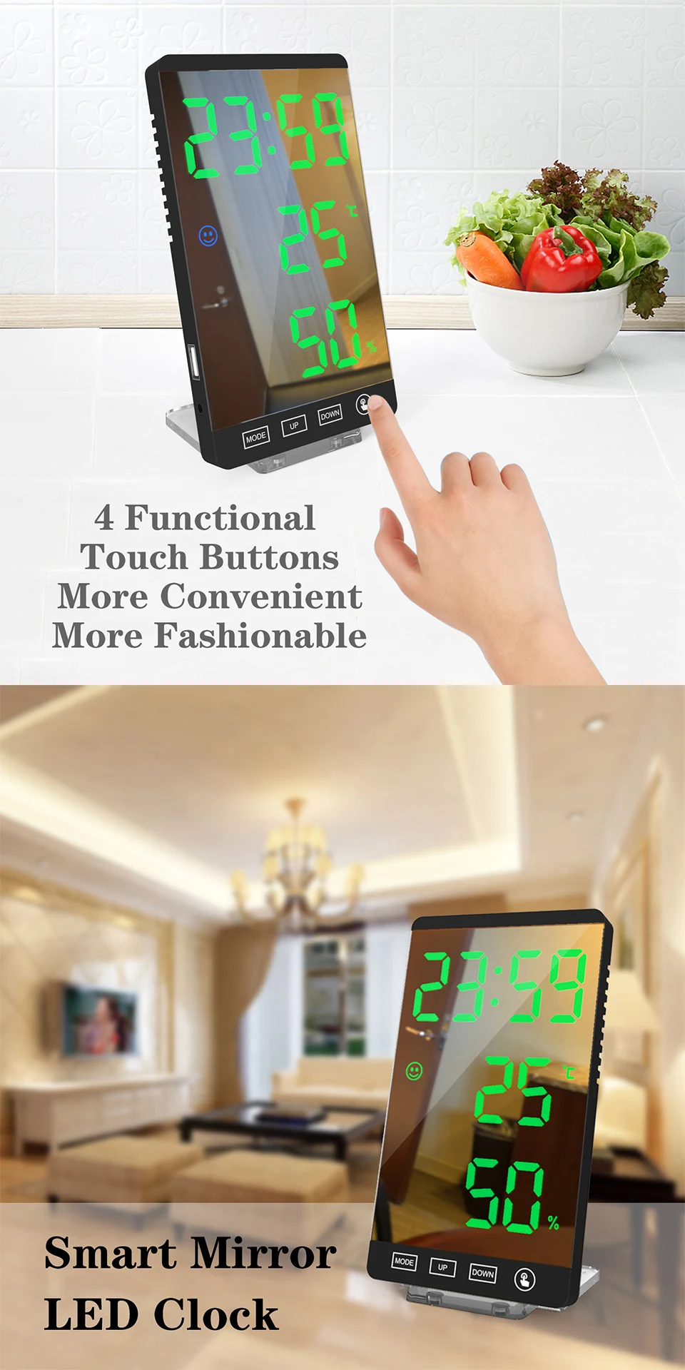 Tanio 6 Cal lustrzany budzik LED zegar dotykowy przycisk ścienny zegar cyfrowy sklep