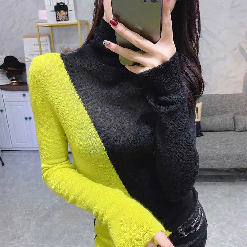 2020 autumn and winter new color matching matching turtleneck sweater slim black and white matching color knitted undershirt
2020 autumn and winter new color matching matching turtleneck sweater slim black and white matching color knitted undershirt