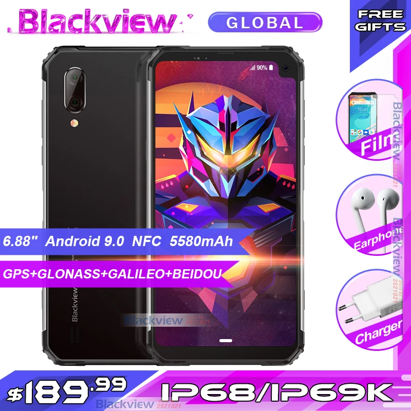 

Blackview BV6100 Android 9.0 IP68 IP69k NFC SmartPhone cellphone 3GB RAM 16GB ROM 6.88" full screen 5580mAh Mobile phone 5MP+8MP