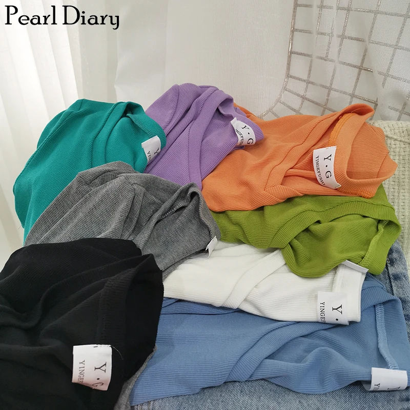 

Pearl Diary Women Ribbed Knit Tshirt Summer V Neck Short Sleeve Rib Knit Crop Top Candy Color Casual Short Cotton Tshirt