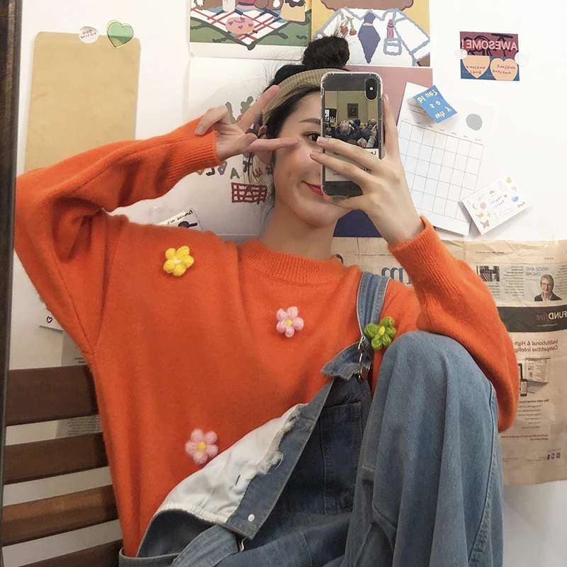 Фото Свободный милый свитер с круглым вырезом и цветами женские свитера японская