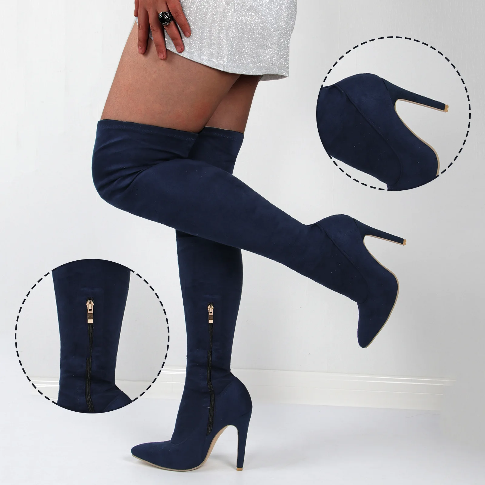 

2021 Brand Designer Size 34-43 Winter Sexy High Heels Blue Suede Thigh High Boots Shoes Women Sock Boots Thin Heel Long Boots