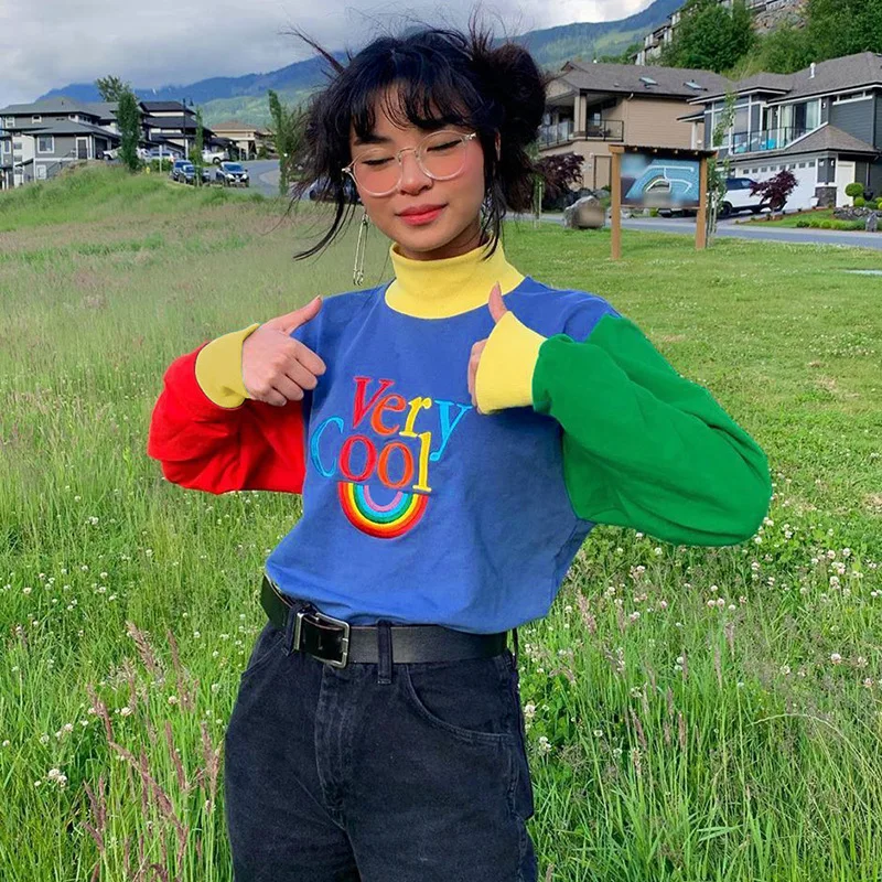 Y2K E-girl Letter Embroidery Aesthetic Sweatshirts for Women Rainbow Oversized Turtleneck Patchwrok Tops Tees Streetwear Korean
Y2K E-girl Letter Embroidery Aesthetic Sweatshirts for Women Rainbow Oversized Turtleneck Patchwrok Tops Tees Streetwear Korean