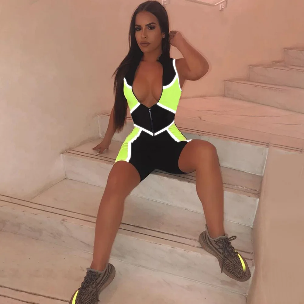 Reflective Color Patchwork Jumpsuit Women Sexy Zipper V Neck Sleeveless Shorts Romper Night Club Playsuits
Reflective Color Patchwork Jumpsuit Women Sexy Zipper V Neck Sleeveless Shorts Romper Night Club Playsuits