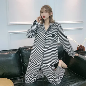 Women Striped 2PCS Pajamas Set Turn-down Collar Shirt&Pant Sleepwear Loose Nightwear M-XXL Spring Autumn New Casual Home Clothes 
Women Striped 2PCS Pajamas Set Turn-down Collar Shirt&Pant Sleepwear Loose Nightwear M-XXL Spring Autumn New Casual Home Clothes