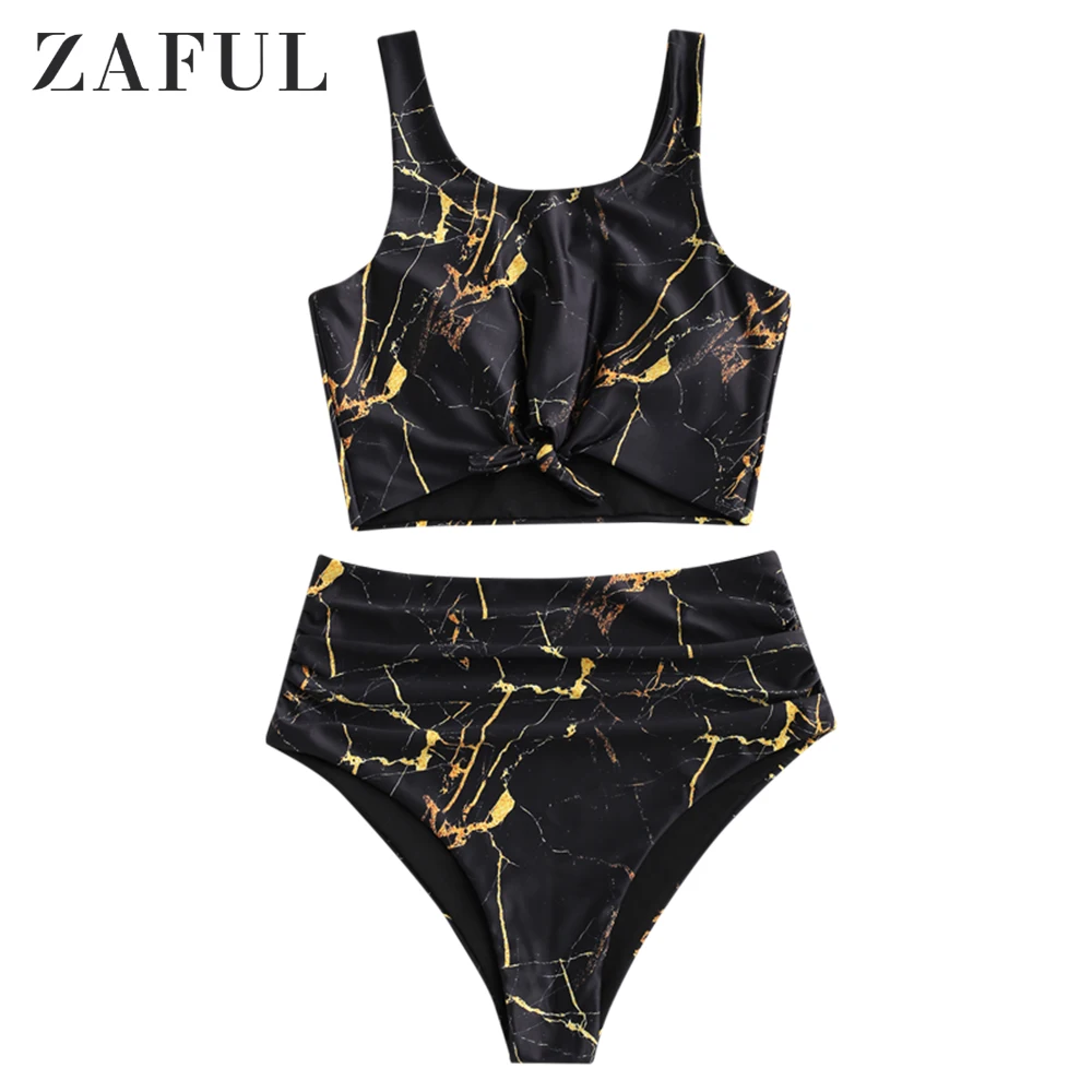 

ZAFUL Women Swimwear Knot Marble Print High Waisted Tankini Swimsuit Bathing Suits Wire Free Scoop Neck Bikini Set Beach Wear