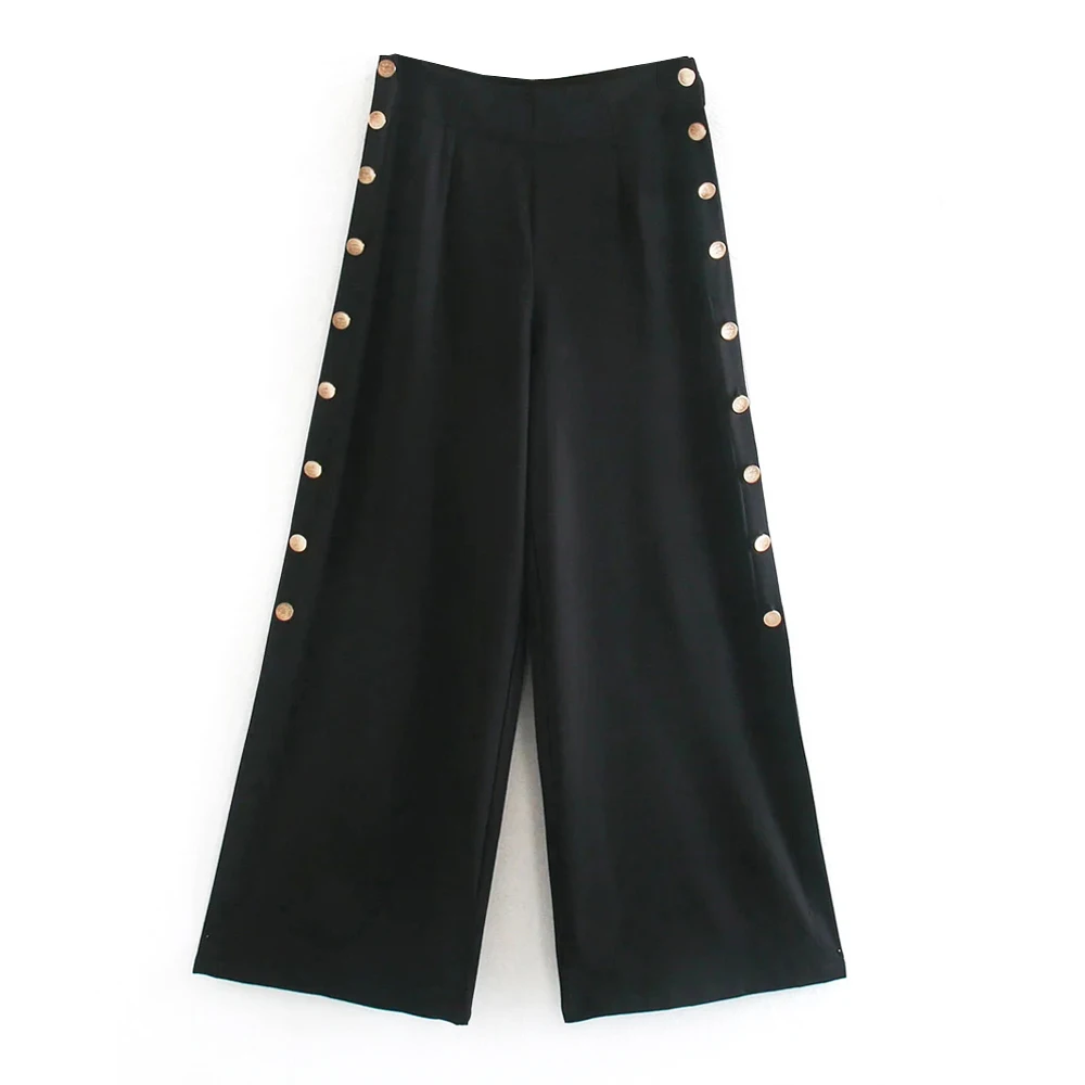 

XNWMNZ za women Fashion buttoned palazzo trousers High-waist wide-leg trousers featuring metal buttons on the sides Female chic