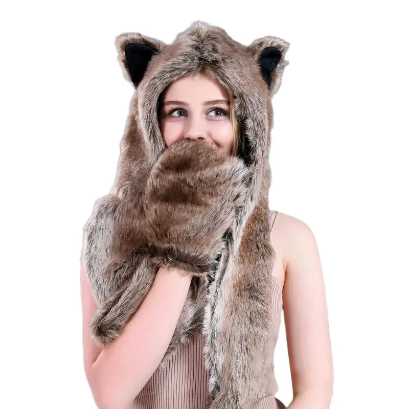3 In 1 Women Men Fluffy Plush Animal Wolf Leopard Hood Scarf Hat with Paws Mittens Gloves Thicken Winter Warm Earflap Bomber Cap
3 In 1 Women Men Fluffy Plush Animal Wolf Leopard Hood Scarf Hat with Paws Mittens Gloves Thicken Winter Warm Earflap Bomber Cap