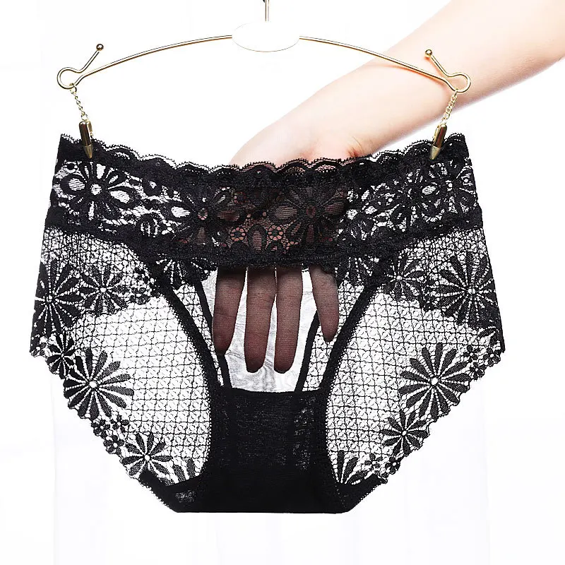 

Women Sexy Hollow Lace Mesh Panties Middle Waist Thin High Elasticity Personality Female Transparent Underwear Breifs