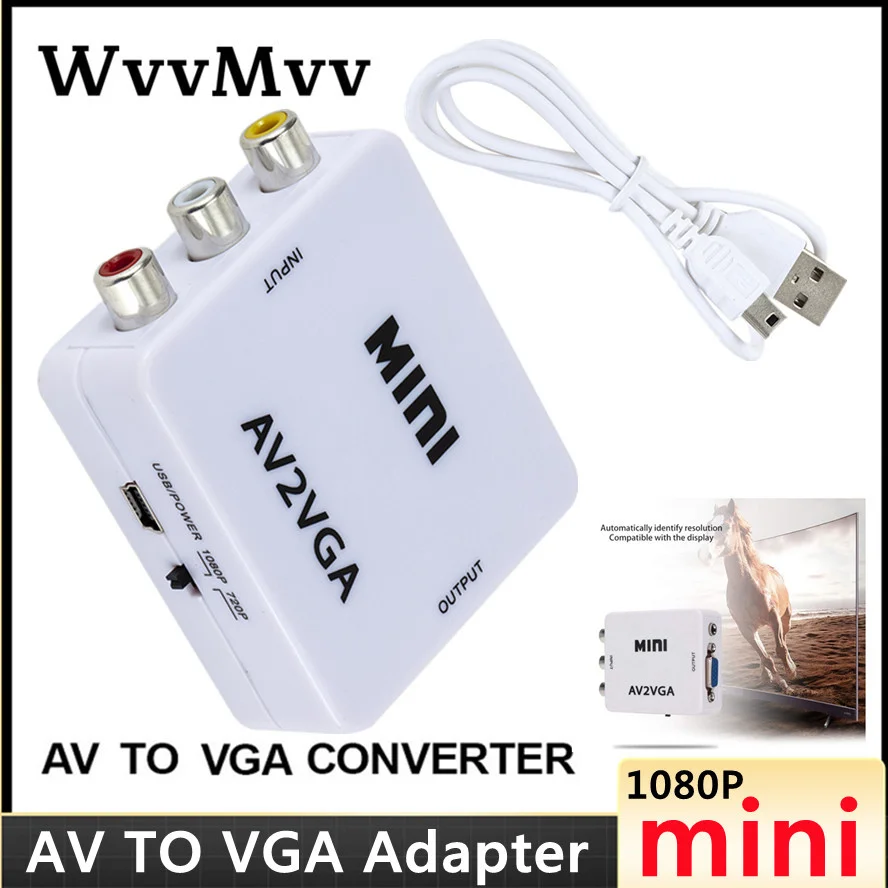 

WVVMVV Mini HD RCA CVBS AV to VGA Video Converter with 3.5mm Audio AV2VGA Adapter For PC to TV HD Computer to 1080P TV