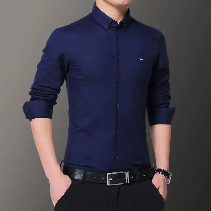 

New Antumn Spring Casual Men Blouse 100%Cotton Soft Sim Fit Solid Embroidery Harmont Long Sleeve Blaine Men's Shirt