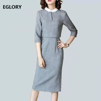 Elegant Work Dress 2020 Spring Office Lady Turn-down Collar Back Button 3/4 Sleeve Mid-Calf Grey Black Pencil Dress Slim Fitted 
Elegant Work Dress 2020 Spring Office Lady Turn-down Collar Back Button 3/4 Sleeve Mid-Calf Grey Black Pencil Dress Slim Fitted