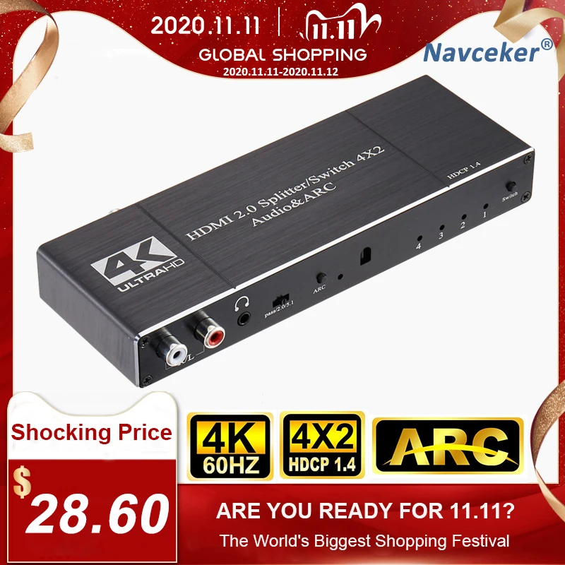 2020 Best 4K@60Hz HDMI 2.0 Switch Remote 4x2 HDMI Switcher Audio Extractor With ARC & IR Switch HDMI 2.0 For PS4 Apple TV HDTV
2020 Best 4K@60Hz HDMI 2.0 Switch Remote 4x2 HDMI Switcher Audio Extractor With ARC & IR Switch HDMI 2.0 For PS4 Apple TV HDTV