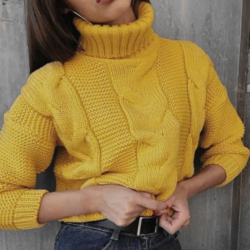 Women's Short Tops Ladies Casual Turtleneck Warm Sweater Knitwear Long Sleeve Solid Color Knitted Jumper | Женская одежда