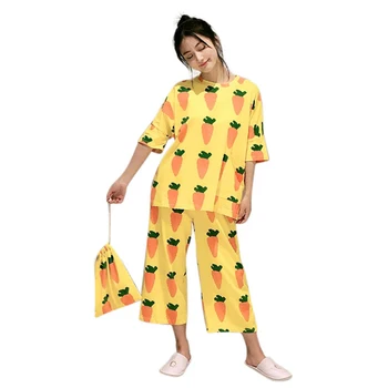 

Summer Autumn Pajama Sets Cropped Sleeve Trousers Pajamas Cute Cartoon Sweet Home Service Cloth Underwear