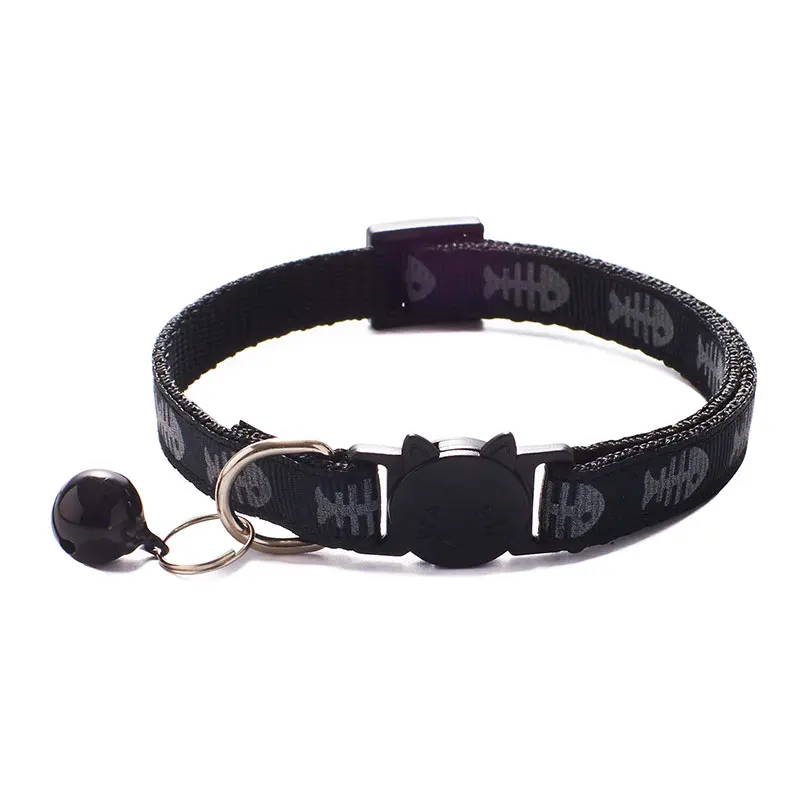 19-32cm 1.0cm Adjustable Cat Collar Cute Reflective Fishbone Print Nylon Pet Puppy Dog Collar with Bells For Small Medium Dog