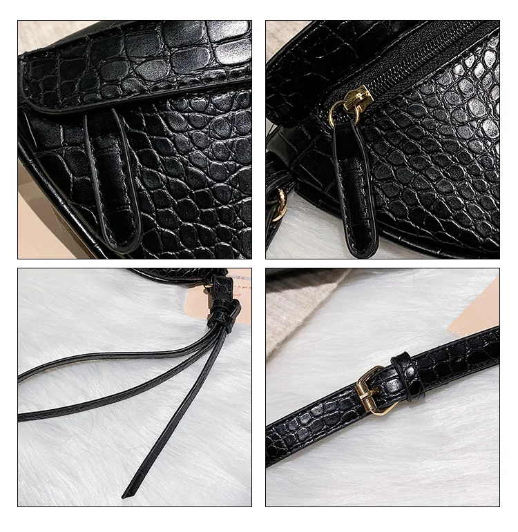 2019 Winter New Style WOMEN'S Bag Casual Shoulder Bag Crocodile Pattern Solid Color Semi-Circular Bag Small zhong kuan