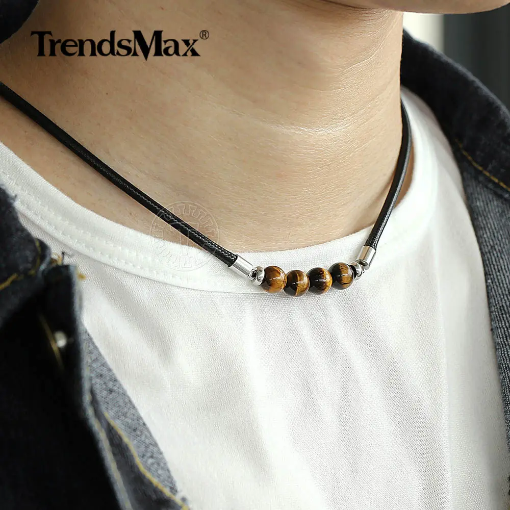 Trendsmax 8mm Natural Tiger Eye Stone Bead Necklace Charm Black Leather Cord Choker for Men Women Jewelry Gift DN125 | Украшения и