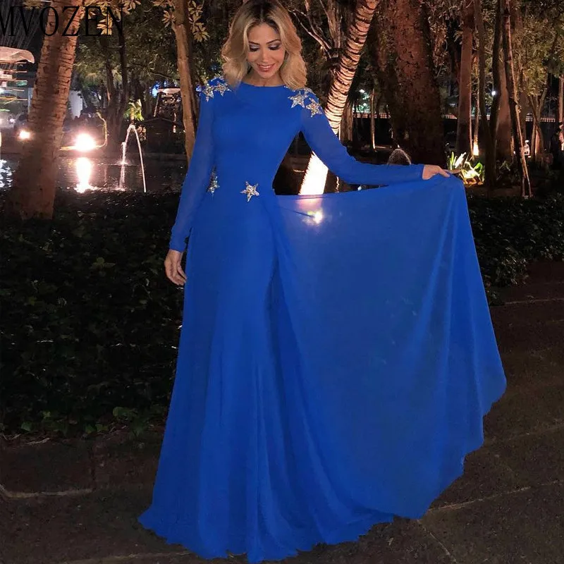 Blue Evening Dresses A-Line Jewel Neck Full Sleeves Lace Appliques Backless Floor Length Formal Party Gowns Long Evening Dress 
Blue Evening Dresses A-Line Jewel Neck Full Sleeves Lace Appliques Backless Floor Length Formal Party Gowns Long Evening Dress