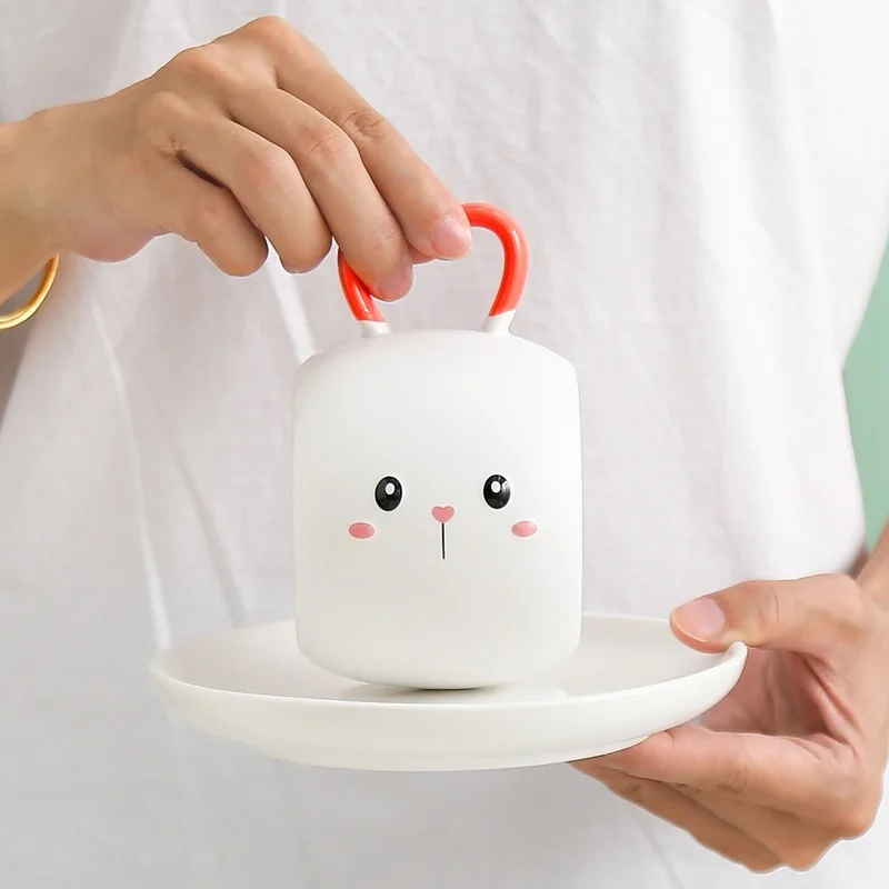 

Creativity Cartoon Ceramic Cute Rabbit Expression PatternSaucer with Spoon Cute Expression Mug Daily Breakfast Coffee Milk Cup