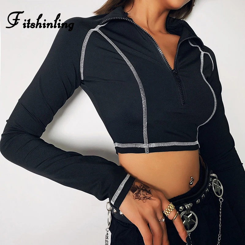 

Fitshinling Athleisure Zip-Up T-Shirts For Women 2020 Long Sleeve Crop Top Reflective Letter Fitness Black Sexy Female T-Shirt