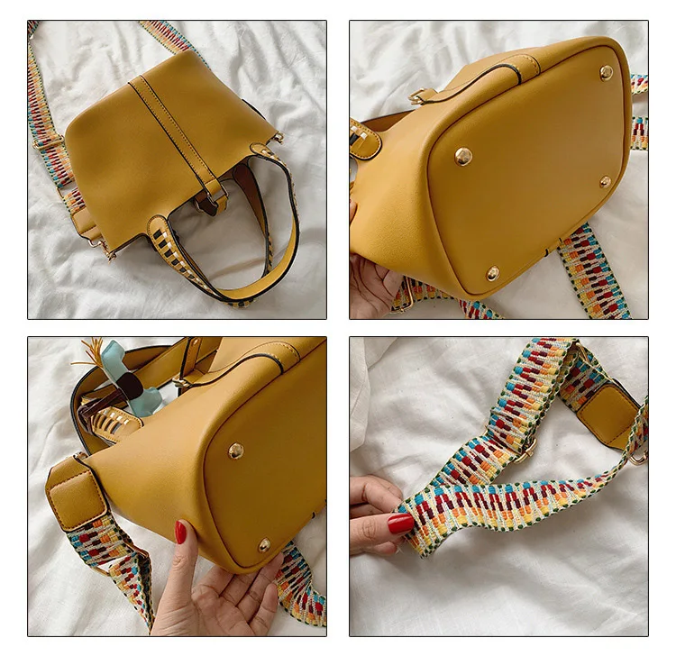 Women's Fashion Composite Bag 2pcs Female Leather Handbags Top Handle Bucket Bags Colorful Strap Crossbody Bag With Horse Tassel (3)