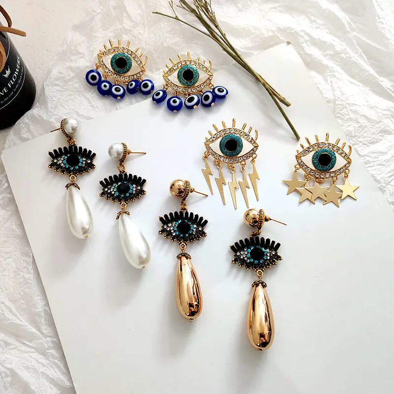 

Flatfoosie Bohemian Crystal Evil Eye Drop Earrings For Women Jewelry New Fashion Pearl Dangle Earrings Statement Girl Party Gift