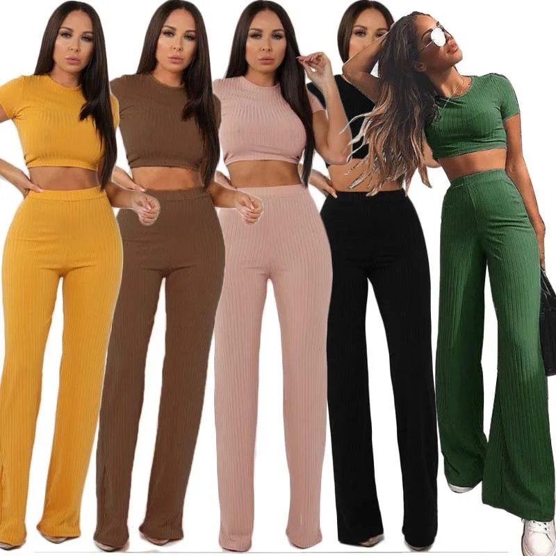 2019 new fashion casual suit female Europe and America high elastic cotton pit wide leg pants two sets 
2019 new fashion casual suit female Europe and America high elastic cotton pit wide leg pants two sets