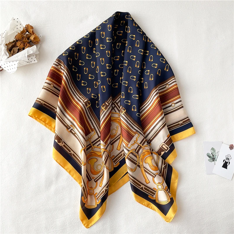 

Women Silk Scarf Foulard Pashmina Shawls Hijab Wraps Lady Design Print Square Neckerchief Headbands Female Bandana