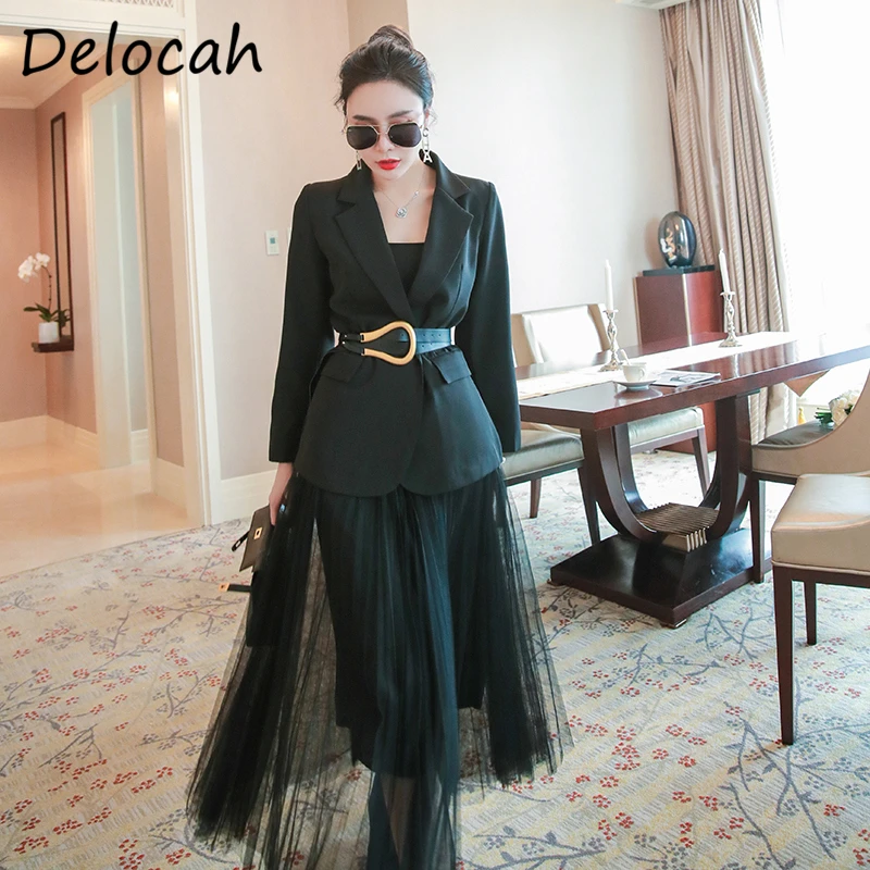 Delocah Women Autumn Fashion Designer Skirts Set Sashes Loose Black Tops + High Waist A-Line Mesh Skirts 2 Two Pieces Suits 
Delocah Women Autumn Fashion Designer Skirts Set Sashes Loose Black Tops + High Waist A-Line Mesh Skirts 2 Two Pieces Suits