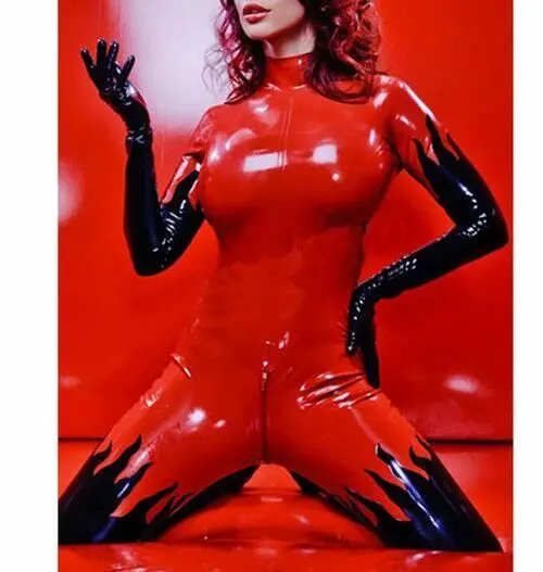 Новинка 100% резиновый костюм из латекса сексуальный красный и черный костюм-кошка