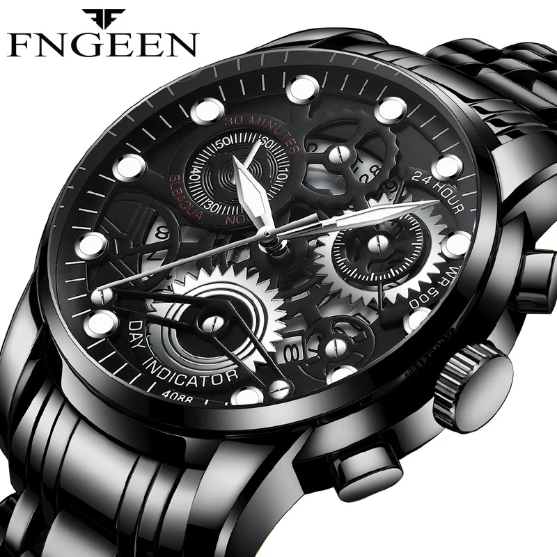 

FNGEEN Fashion Hollow Quartz Watch for Men Stainless Steel Waterproof Calendar Mens Watches Top Brand Luxury Relogio Masculino