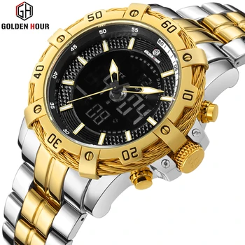 

GOLDENHOUR Stainless Gold Men Quartz Watch Sport Man Male Clock Military Waterproof Auto Date Men Wristwatches Relogio Masculino