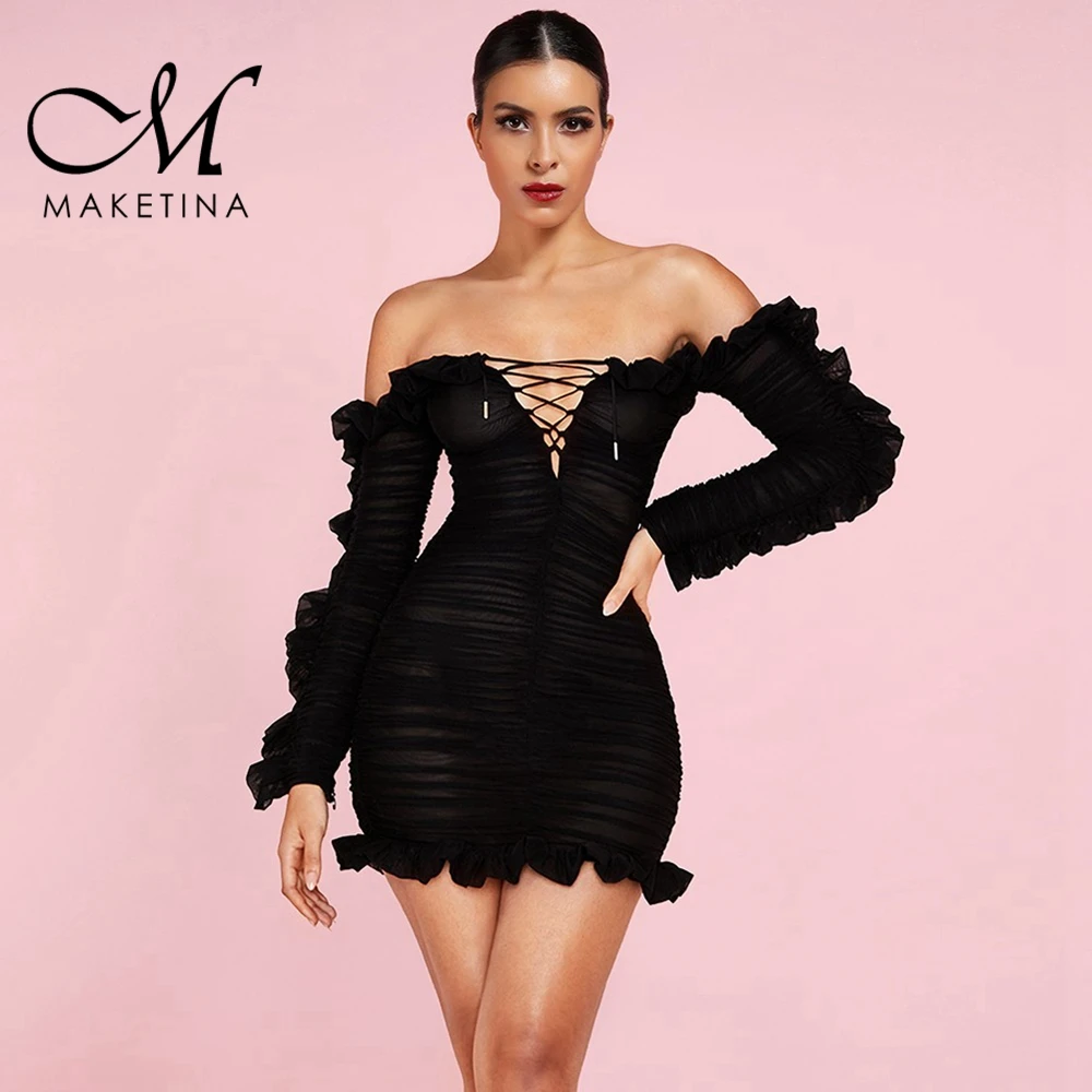 Женское платье с открытыми плечами Maketina вечерние нее облегающее мини длинным