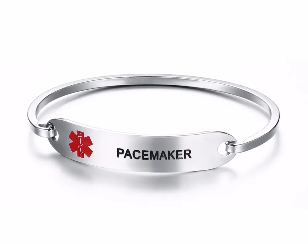 women Stainless Steel Medical Alert ID Bangle Bracelet Silver PACEMAKER 11