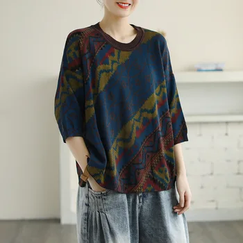 Summer T-shirt Women Retro Knitting Large size Pullovers Tops O-Neck Print Panelled Loose Casual All-match T-shirt 2020
Summer T-shirt Women Retro Knitting Large size Pullovers Tops O-Neck Print Panelled Loose Casual All-match T-shirt 2020