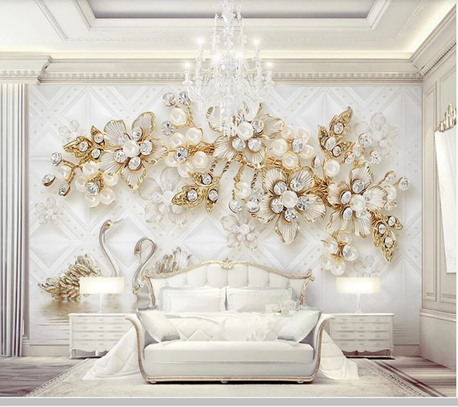 Фото 3d Объемные обои в виде лебедя роскошные цветочные для украшения гостиной ТВ
