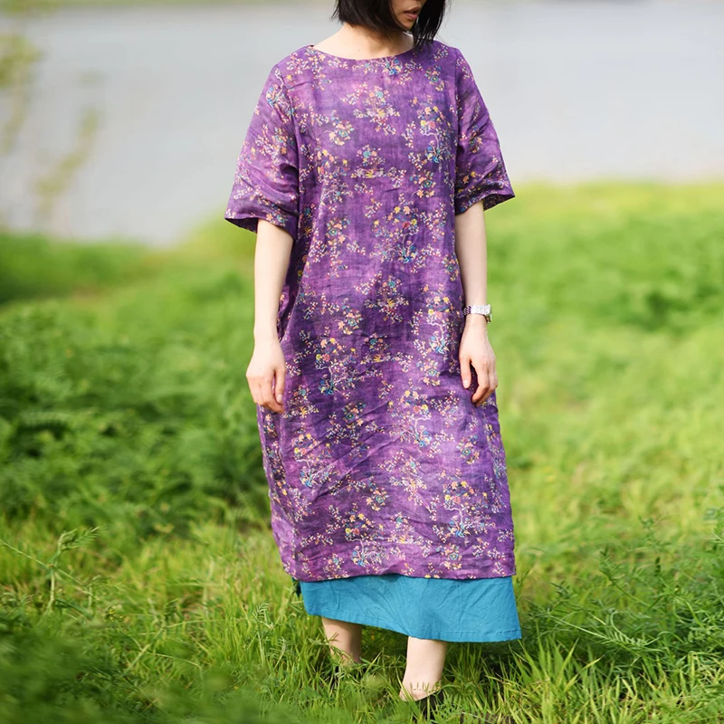 Women Spring Print Floral Ramie Dresses 2020 New O-Neck Short Sleeve Cotton Linen Robes Women Purple Vintage Dresses
Women Spring Print Floral Ramie Dresses 2020 New O-Neck Short Sleeve Cotton Linen Robes Women Purple Vintage Dresses