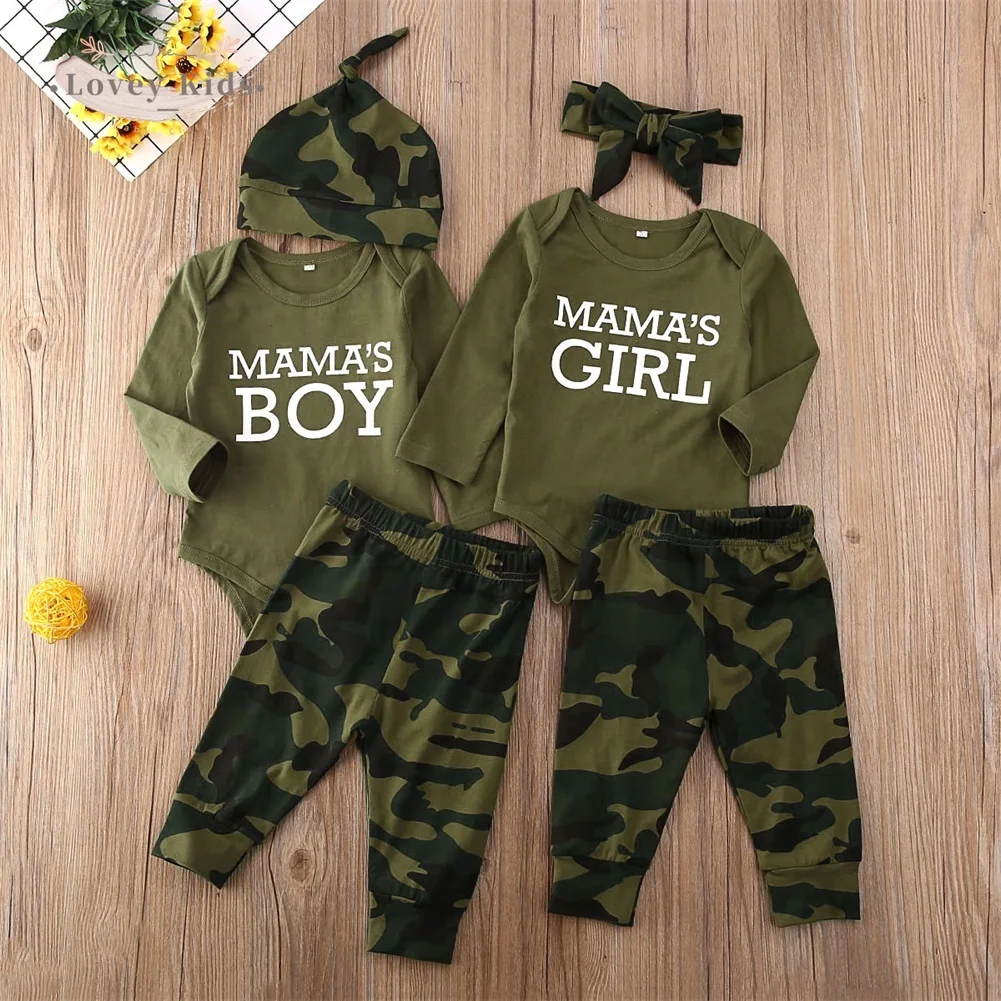 2020 Toddler Baby MAMA's Girl Boy Letter Print Long Sleeve Outfit Set 3PCS Camouflage Top Bodysuit Pants Headwear Hat Cap
2020 Toddler Baby MAMA's Girl Boy Letter Print Long Sleeve Outfit Set 3PCS Camouflage Top Bodysuit Pants Headwear Hat Cap