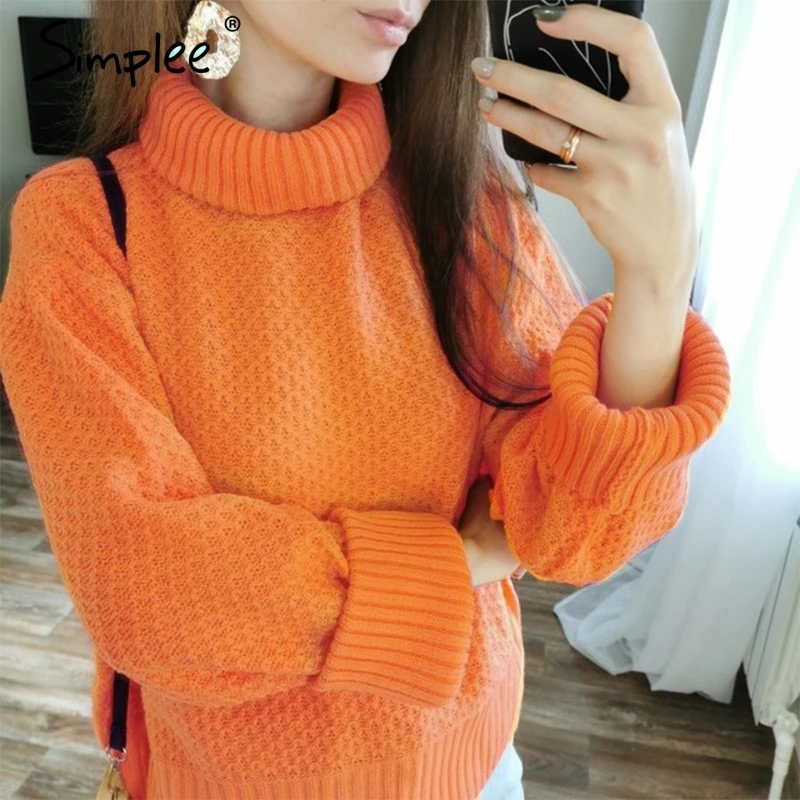 Фото SimpleeОранжевый водолазка вязаный женский пуловер свитер Vintage дамы с длинным