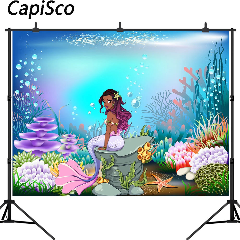 

Capisco Mermaid Under The Sea Photography Backdrop Black Princess Baby Shower Photo Background Happy Birthday Party Decor Banner
