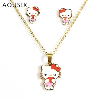 Sweet Cute Hello Kitty Pendant Necklace Stainless Steel Earring Necklace Set Kitty Earring Daughter's Birthday Gift Earring
Sweet Cute Hello Kitty Pendant Necklace Stainless Steel Earring Necklace Set Kitty Earring Daughter's Birthday Gift Earring